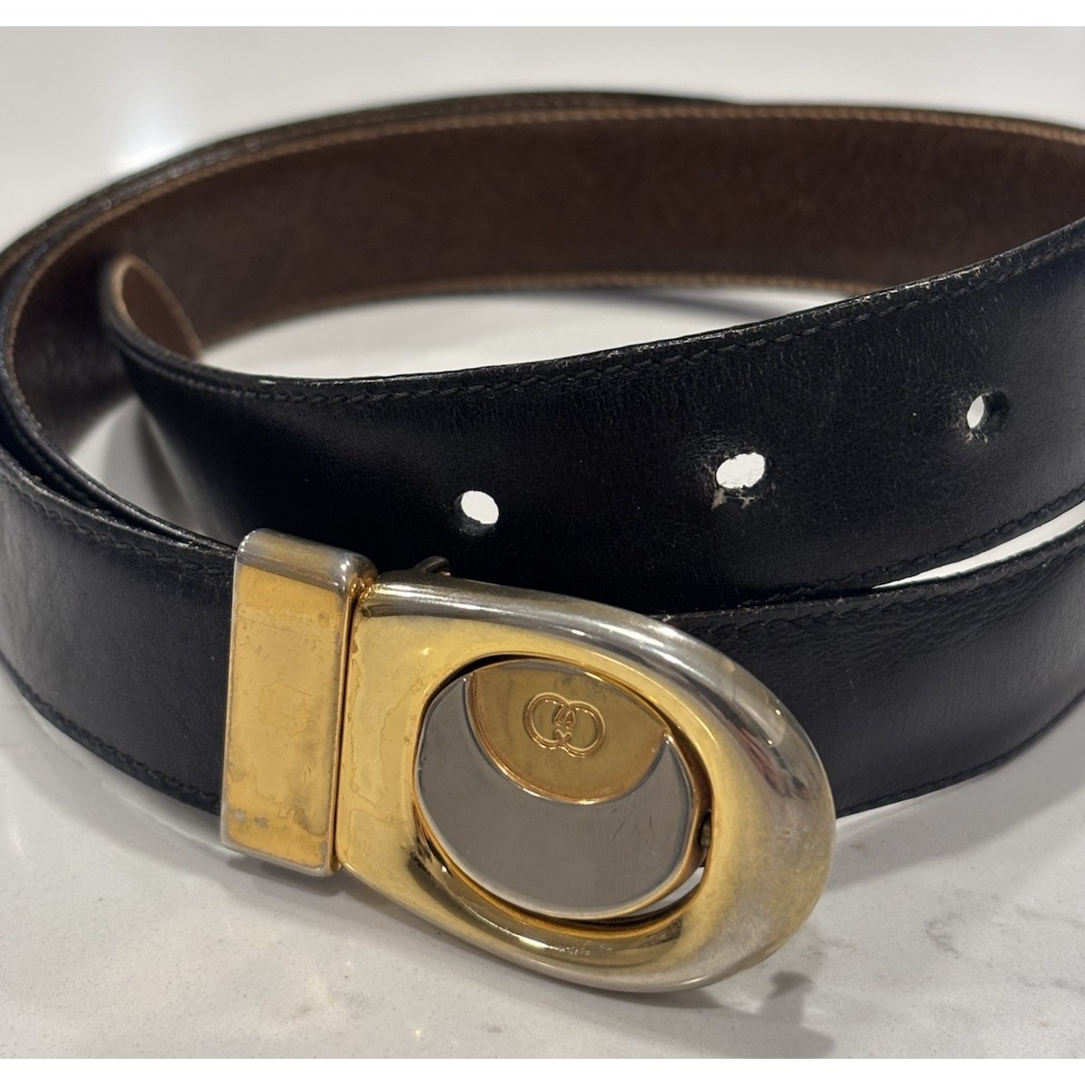 Vintage Gucci Reversible Logo Black Brown Leather Belt Oval Estimated Size 34